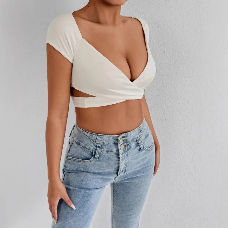 Summer Women's Sexy V Neck T-Shirt High Waisted Push Up Crop Top Stretchy Blend Daily Club Outfit Beach Elegant Curvy Fit Tee