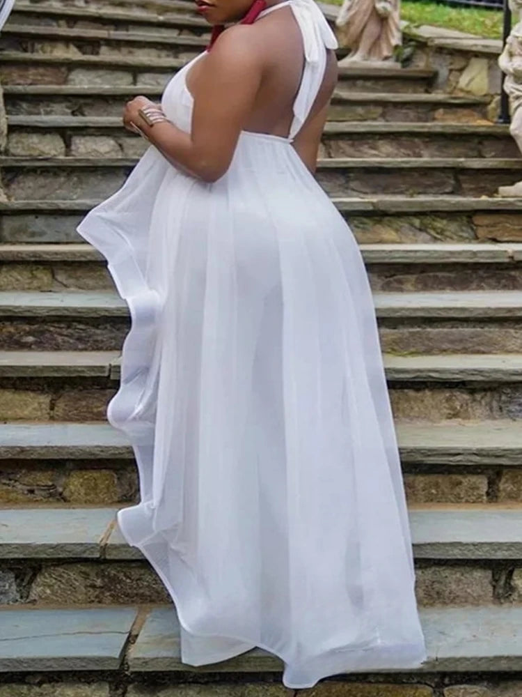 Summer 2 Piece Sets Womens Outfits Elegant Halter Neck Long Top Backless and Pants Chiffon White Sexy Casual Sets Ladies