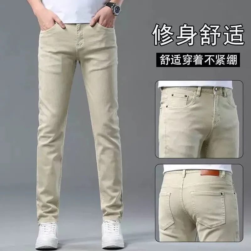 Autumn and Spring New Pure Color American Vintage Straight Leg Elastic Denim Pants for Men Casual Sports High Quality Trousers
