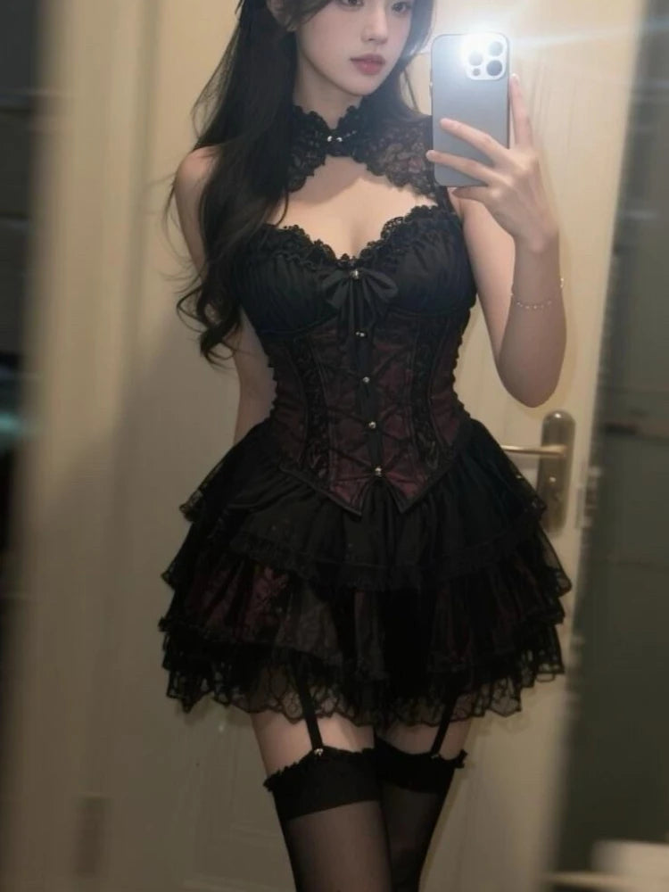 Summer New Sexy  Lace 2 Piece Set Vintage Design Halter Neck Y2k Tops + Puff Mini Skirt Female Elegant French Chic Retro Outfits