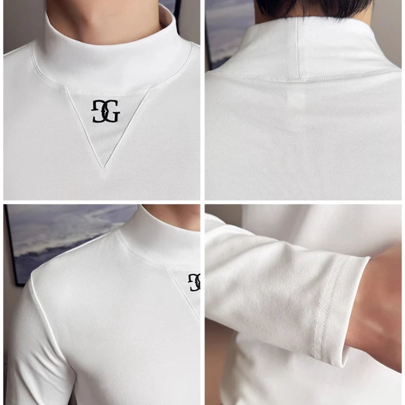 Men's Slim-Fit Long Sleeve T-shirt Fashion Letter Embroidery Half Turtleneck Mid-Collar Black Stretch Bottoming Shirt