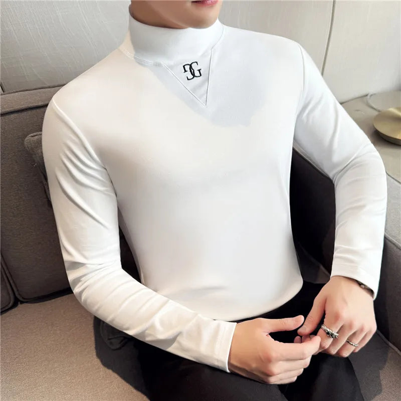 Men's Slim-Fit Long Sleeve T-shirt Fashion Letter Embroidery Half Turtleneck Mid-Collar Black Stretch Bottoming Shirt