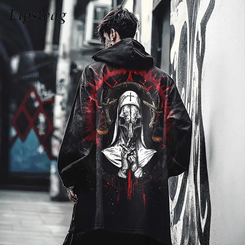 Y2K Mens Hooded Jacket Coat Streetwear Fashion Loose Long Sleeve Windbreaker Men's Fall Winter Vintage Gothic Printing Cardigan