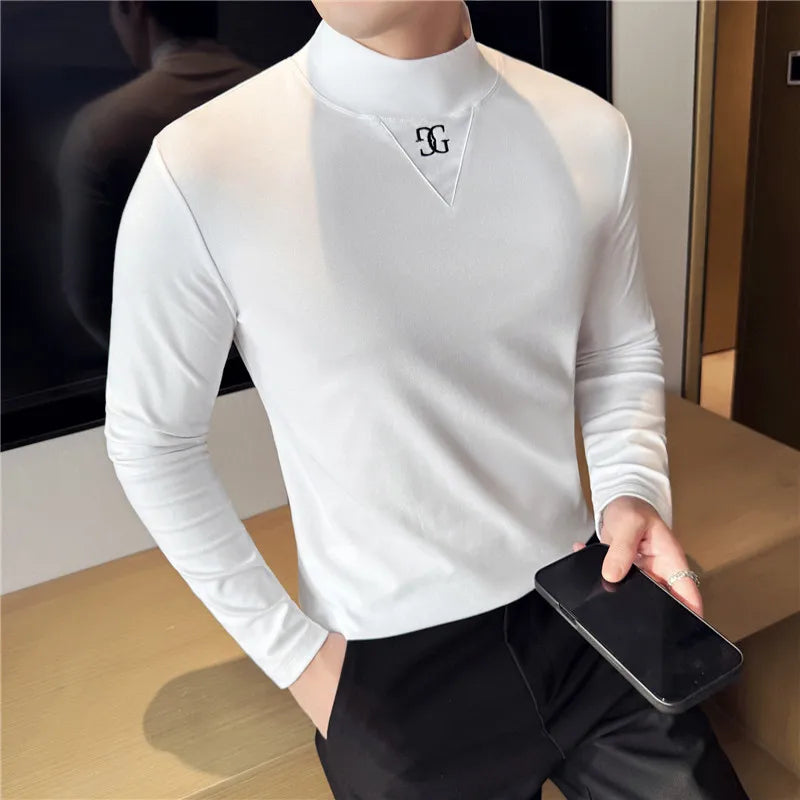 Men's Slim-Fit Long Sleeve T-shirt Fashion Letter Embroidery Half Turtleneck Mid-Collar Black Stretch Bottoming Shirt