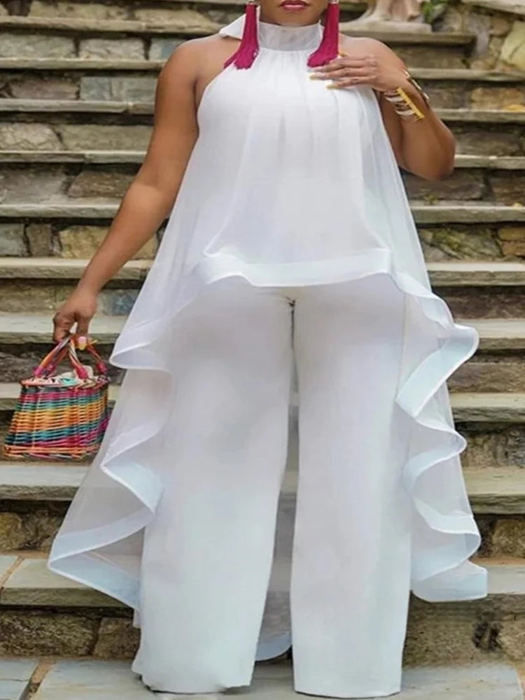 Summer 2 Piece Sets Womens Outfits Elegant Halter Neck Long Top Backless and Pants Chiffon White Sexy Casual Sets Ladies