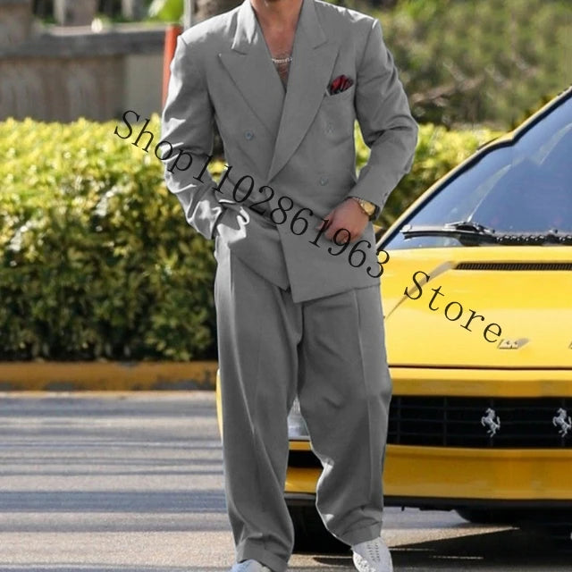 Royal Blue Double Breasted Men Suits Casual Loose 2 Pieces Groomsmen Best Men Wedding Tuexdos Blazer Pants Trajes De Hombre