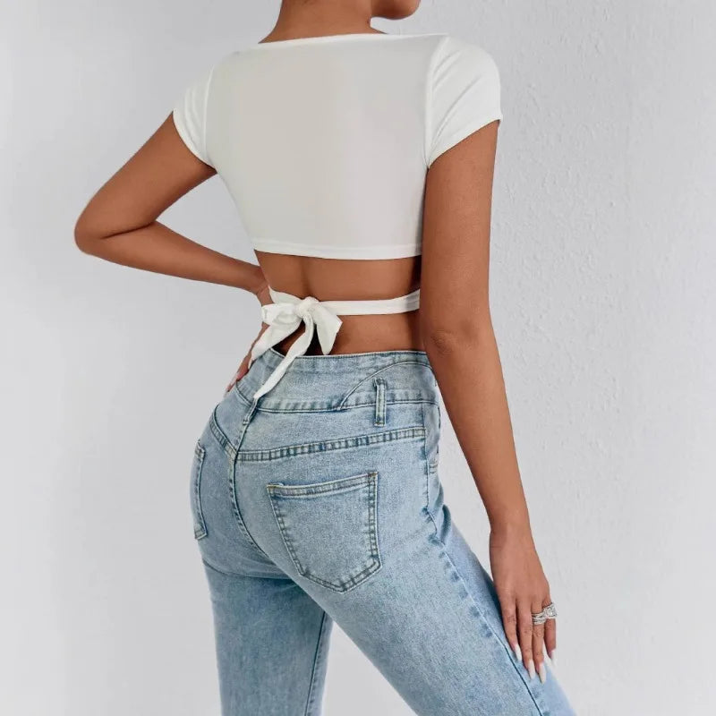 Summer Women's Sexy V Neck T-Shirt High Waisted Push Up Crop Top Stretchy Blend Daily Club Outfit Beach Elegant Curvy Fit Tee