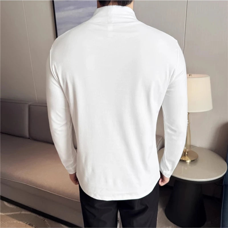 Men's Slim-Fit Long Sleeve T-shirt Fashion Letter Embroidery Half Turtleneck Mid-Collar Black Stretch Bottoming Shirt
