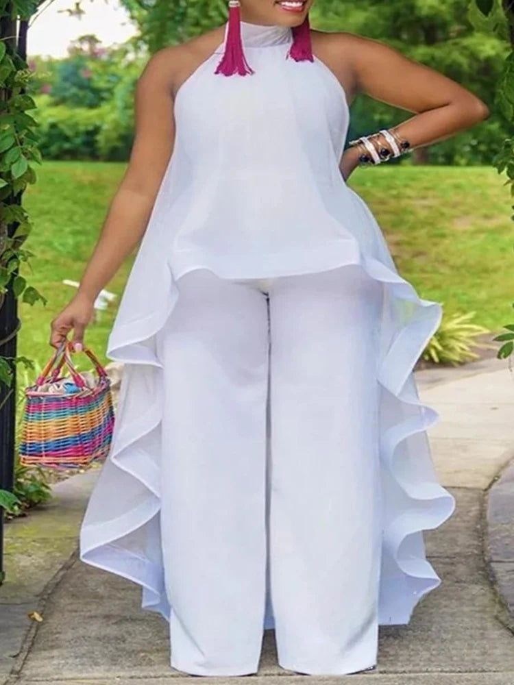 Summer 2 Piece Sets Womens Outfits Elegant Halter Neck Long Top Backless and Pants Chiffon White Sexy Casual Sets Ladies
