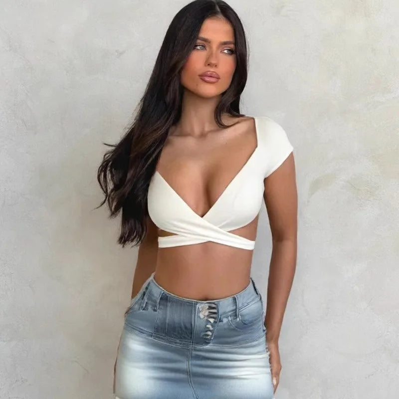 Summer Women's Sexy V Neck T-Shirt High Waisted Push Up Crop Top Stretchy Blend Daily Club Outfit Beach Elegant Curvy Fit Tee