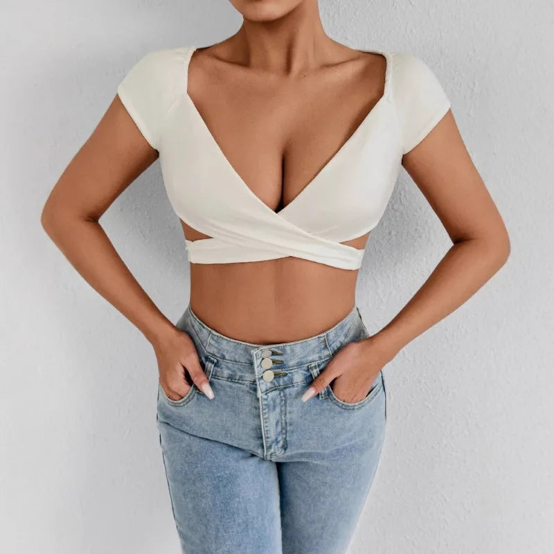 Summer Women's Sexy V Neck T-Shirt High Waisted Push Up Crop Top Stretchy Blend Daily Club Outfit Beach Elegant Curvy Fit Tee