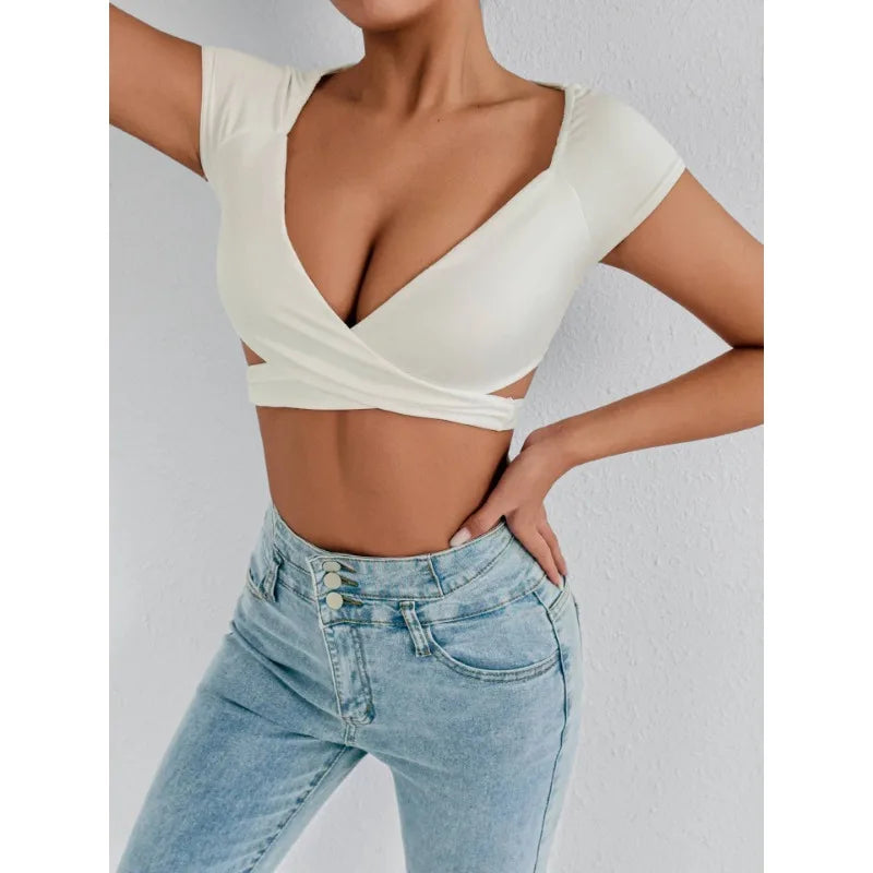 Summer Women's Sexy V Neck T-Shirt High Waisted Push Up Crop Top Stretchy Blend Daily Club Outfit Beach Elegant Curvy Fit Tee