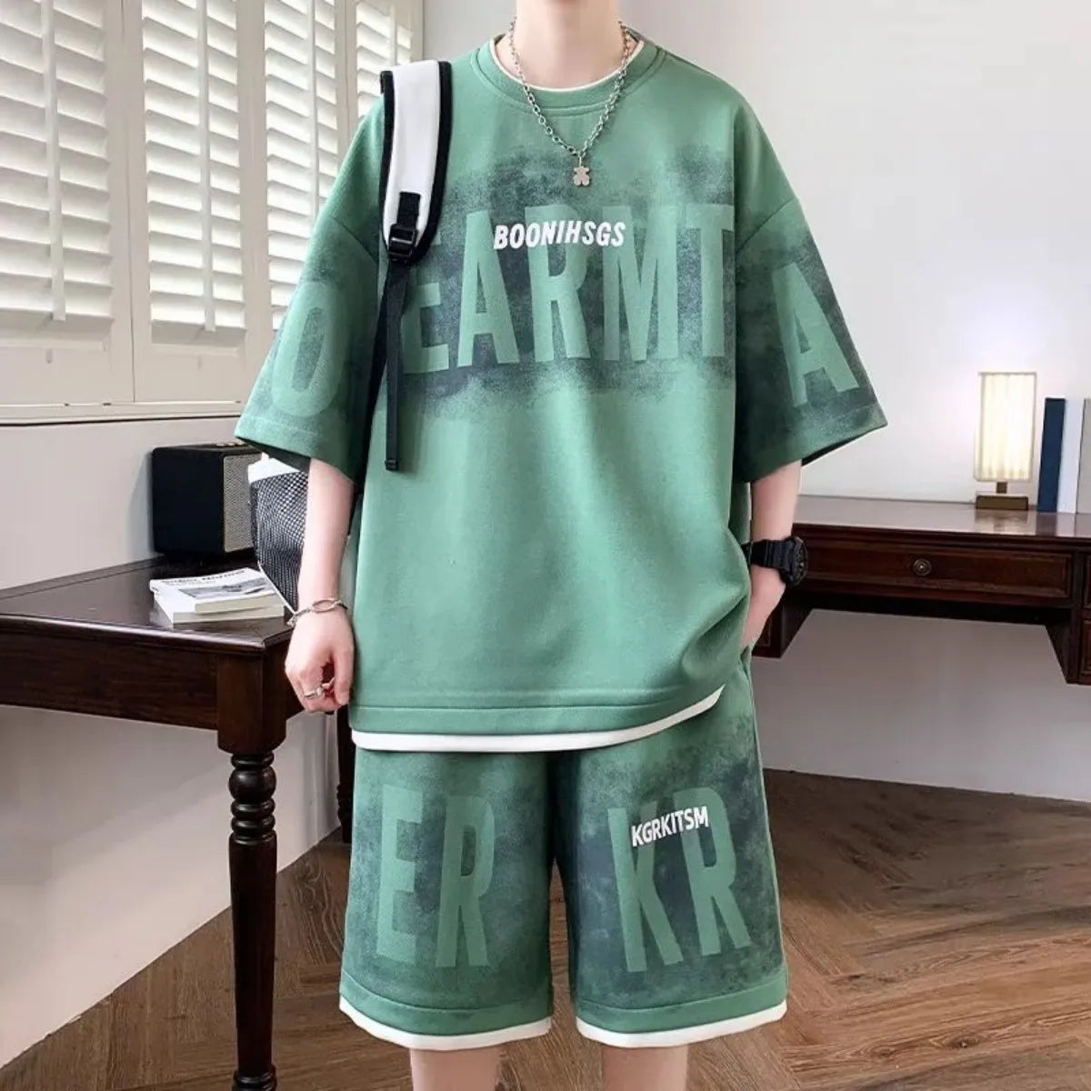 Men's fashion personality letter printed short sleeved shorts two-piece set outdoor sports breathable T-shirt set