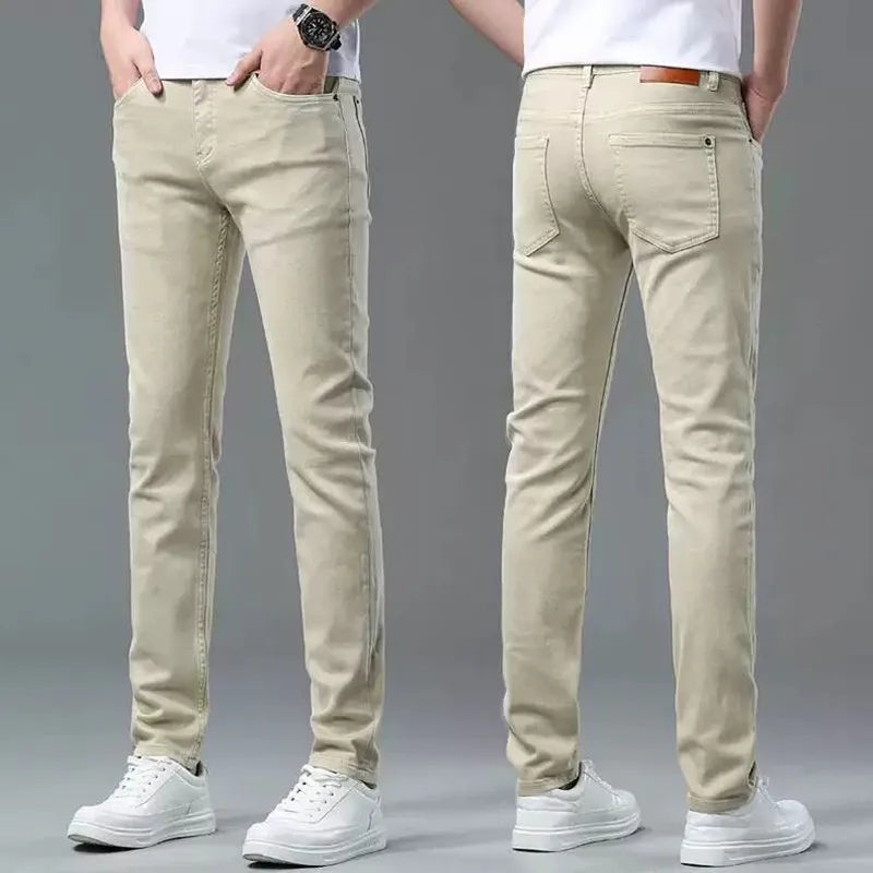 Autumn and Spring New Pure Color American Vintage Straight Leg Elastic Denim Pants for Men Casual Sports High Quality Trousers