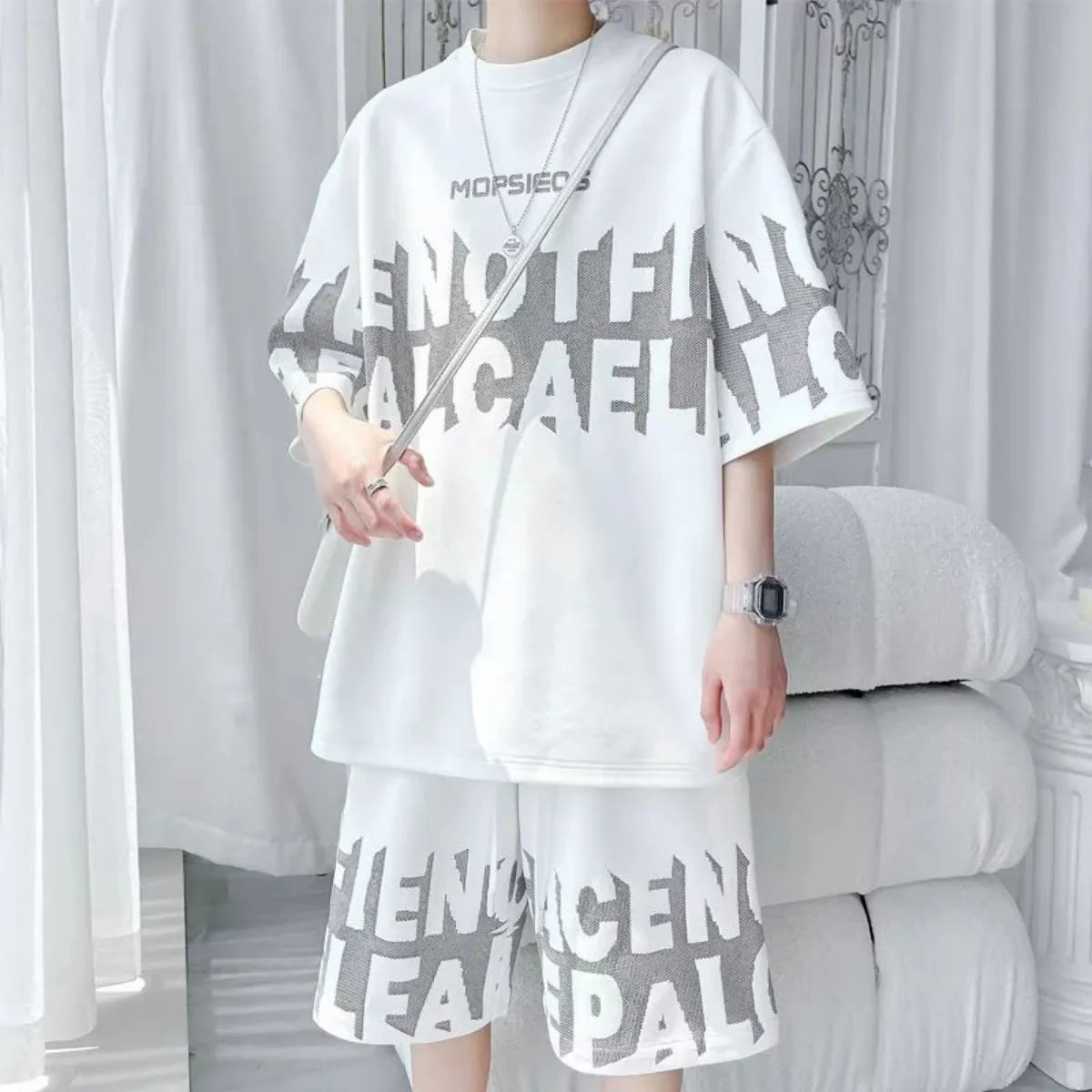 Men's fashion personality letter printed short sleeved shorts two-piece set outdoor sports breathable T-shirt set