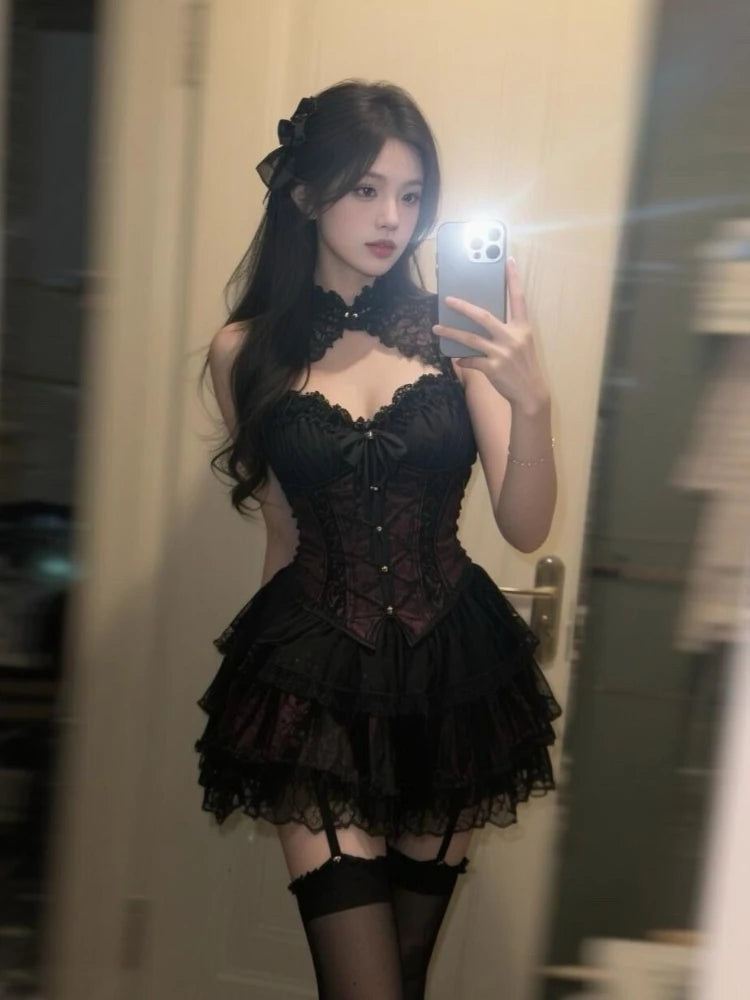 Summer New Sexy  Lace 2 Piece Set Vintage Design Halter Neck Y2k Tops + Puff Mini Skirt Female Elegant French Chic Retro Outfits