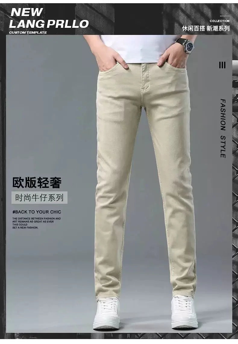 Autumn and Spring New Pure Color American Vintage Straight Leg Elastic Denim Pants for Men Casual Sports High Quality Trousers