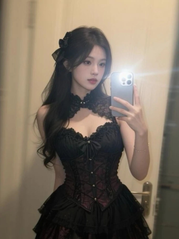 Summer New Sexy  Lace 2 Piece Set Vintage Design Halter Neck Y2k Tops + Puff Mini Skirt Female Elegant French Chic Retro Outfits