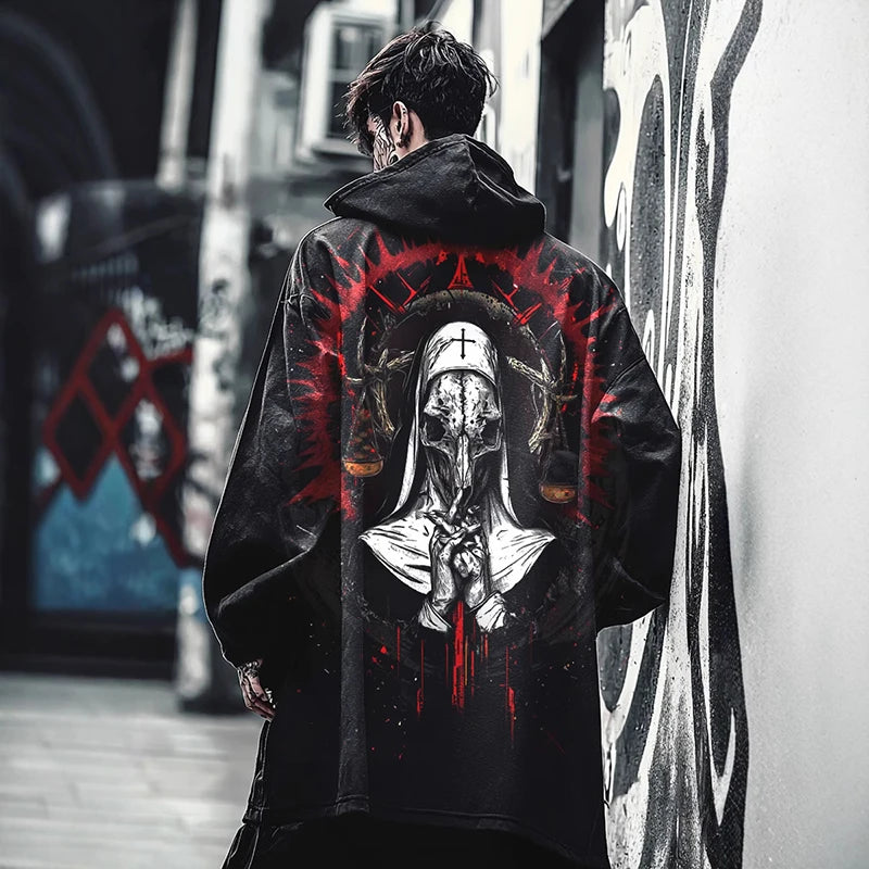 Y2K Mens Hooded Jacket Coat Streetwear Fashion Loose Long Sleeve Windbreaker Men's Fall Winter Vintage Gothic Printing Cardigan
