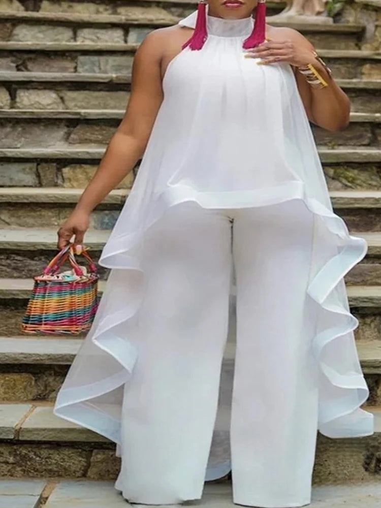 Summer 2 Piece Sets Womens Outfits Elegant Halter Neck Long Top Backless and Pants Chiffon White Sexy Casual Sets Ladies