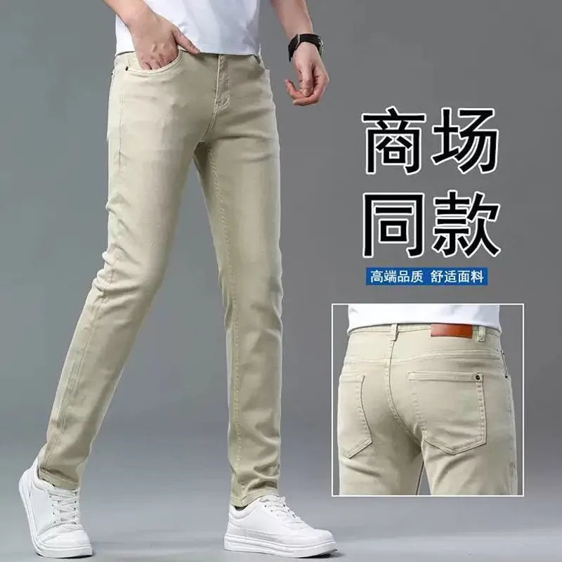 Autumn and Spring New Pure Color American Vintage Straight Leg Elastic Denim Pants for Men Casual Sports High Quality Trousers