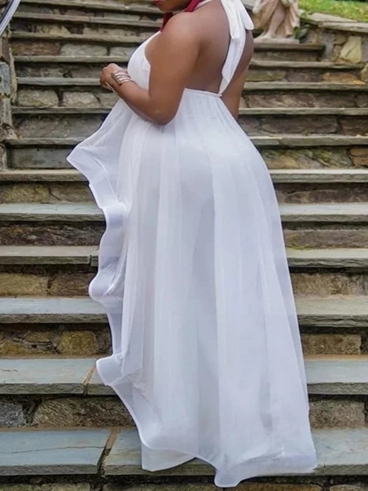 Summer 2 Piece Sets Womens Outfits Elegant Halter Neck Long Top Backless and Pants Chiffon White Sexy Casual Sets Ladies