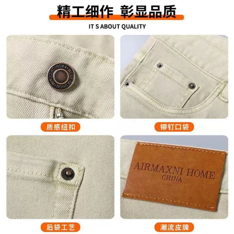 Autumn and Spring New Pure Color American Vintage Straight Leg Elastic Denim Pants for Men Casual Sports High Quality Trousers